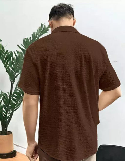 Urban Elegance: Textured Brown Short-Sleeve Shirt